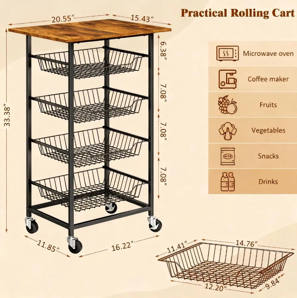 Fruit Basket Microwave Cart – 5 Tier Kitchen Veggie Storage Stand