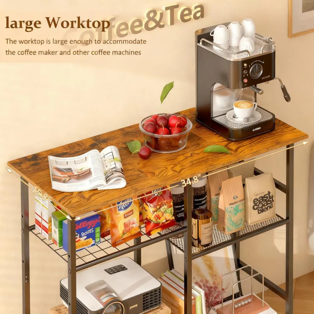 Adjustable Microwave Cart with Coffee Bar & Bakery Rack – Kitchen Storage Stand