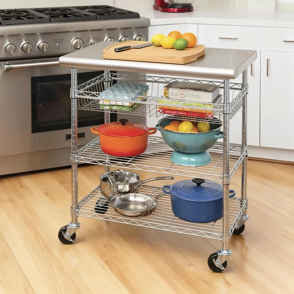 Sleek Stainless Steel Kitchen Cart, Compact Rolling Organizer for Small Kitchens