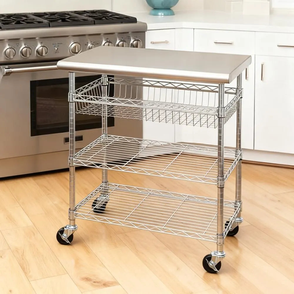 Sleek Stainless Steel Kitchen Cart, Compact Rolling Organizer for Small Kitchens