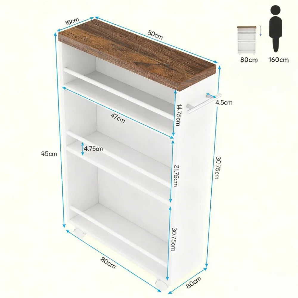 4-Tier Compact Rolling Cart, Narrow Kitchen Storage Trolley for Limited Space