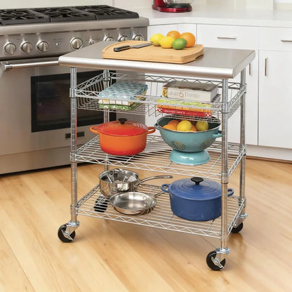 Sleek Stainless Steel Kitchen Cart, Compact Rolling Organizer for Small Kitchens